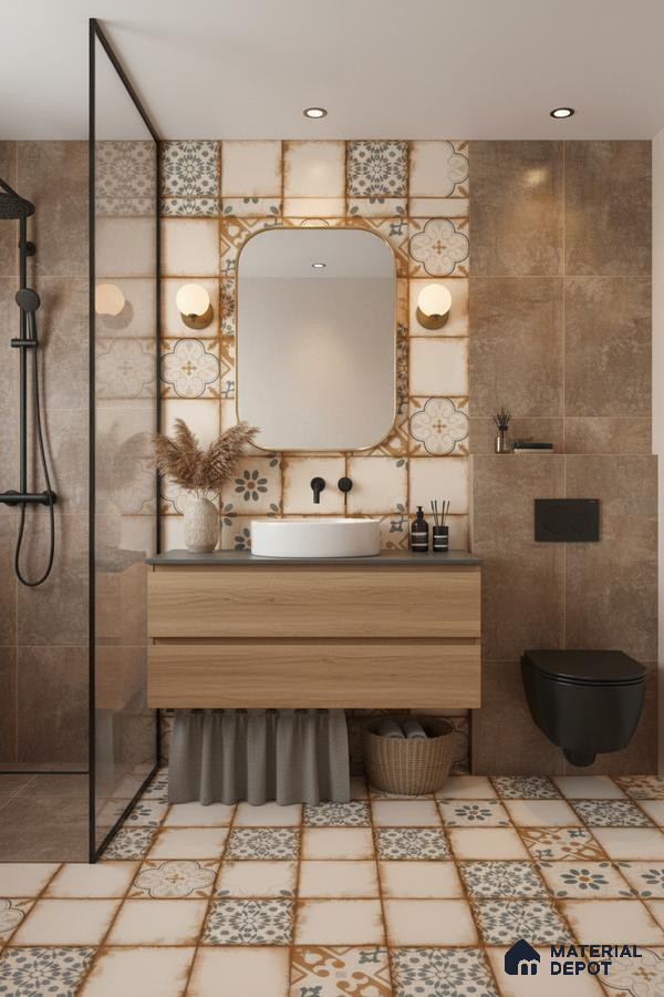 Modern bathroom with patterned vintage-look tiles, matte brown wall tiles, and light oak vanity in Bengaluru | Material Depot