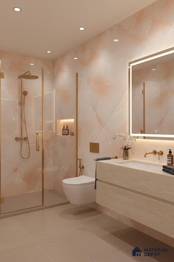 Modern bathroom with peach onyx marble-look wall tiles and beige matte floor tiles | Material Depot
