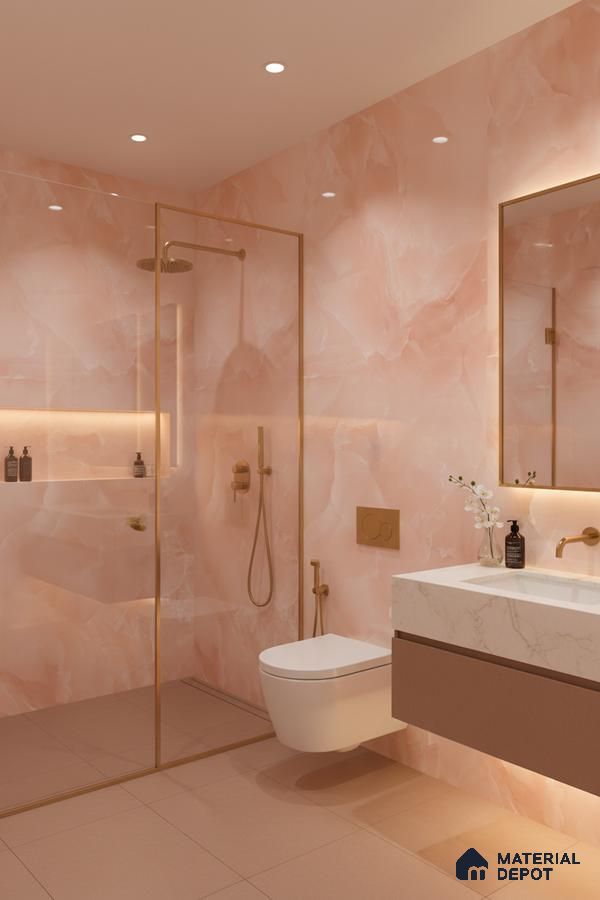 Modern bathroom with peach onyx marble-look wall tiles, matte beige floor tiles, and white marble vanity countertop | Material Depot