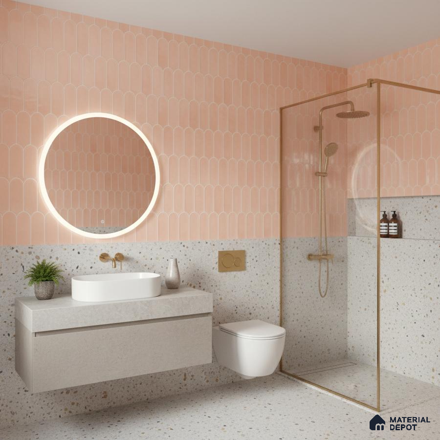 Modern bathroom with peach scallop wall tiles and terrazzo floor and wall tiles | Material Depot