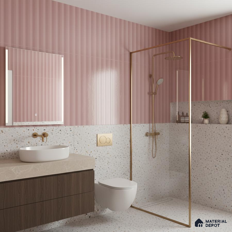 Modern bathroom with pink fluted wall tiles, terrazzo wall and floor tiles, and wood vanity | Material Depot