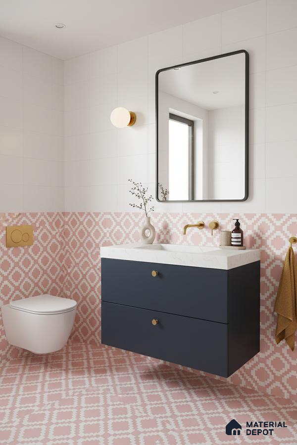 Modern bathroom with pink geometric patterned tiles, navy blue vanity, and white quartz countertop in Bengaluru | Material Depot