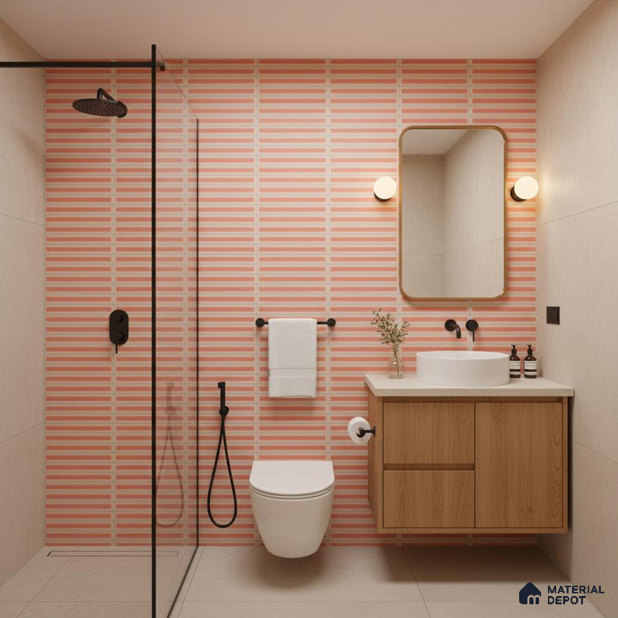 Modern bathroom with pink kitkat wall tiles, beige floor tiles, and wood vanity | Material Depot