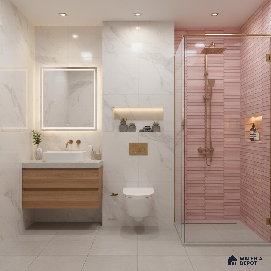 Modern bathroom with pink kitkat wall tiles, white marble-look wall tiles, and floating wood vanity | Material Depot