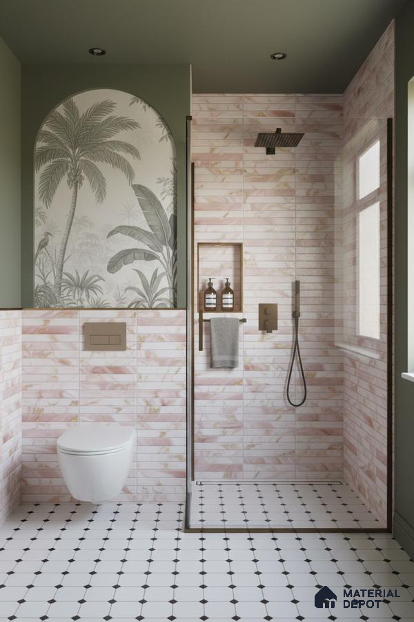 Modern bathroom with pink marble-look wall tiles, black-and-white geometric floor tiles, and tropical arch mural | Material Depot