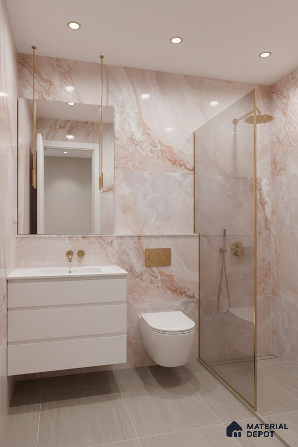 Modern bathroom with pink onyx marble-look wall tiles, matte beige floor tiles, and gold accents | Material Depot