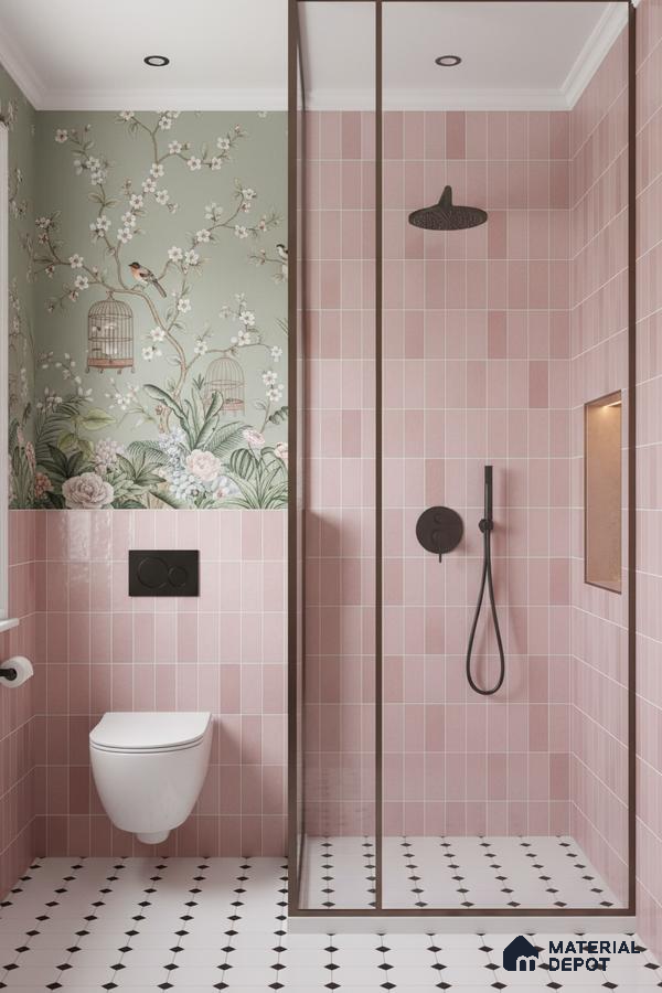 Modern bathroom with pink subway wall tiles, floral wallpaper, and black-and-white geometric floor tiles | Material Depot