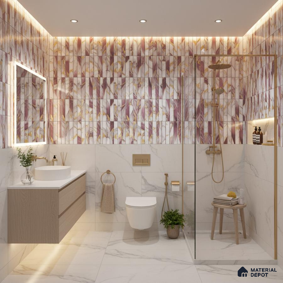 Modern bathroom with purple and gold patterned highlighter wall tiles and white marble look floor and wall tiles | Material Depot