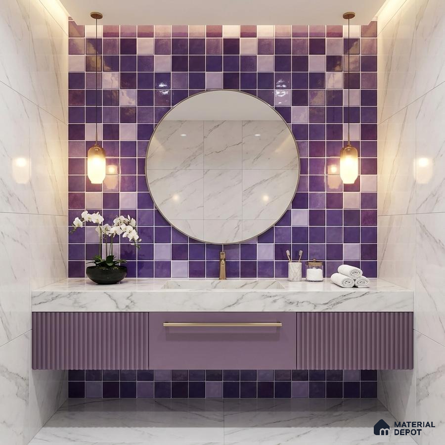Modern bathroom with purple square wall tiles, marble-look wall tiles, and fluted lavender vanity laminate
