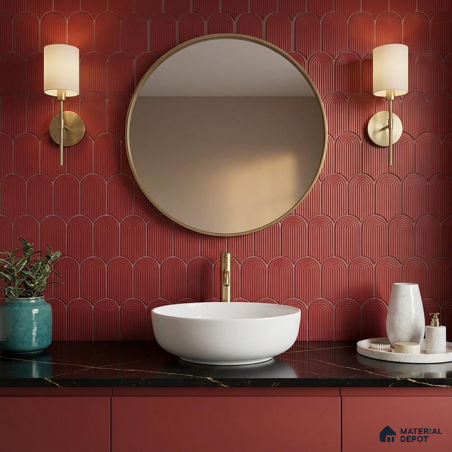 Modern bathroom with red fluted scallop wall tiles and black marble countertop