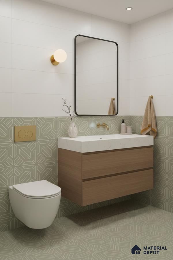 Modern bathroom with sage green geometric tiles, white wall tiles, and wood vanity in Bengaluru | Material Depot
