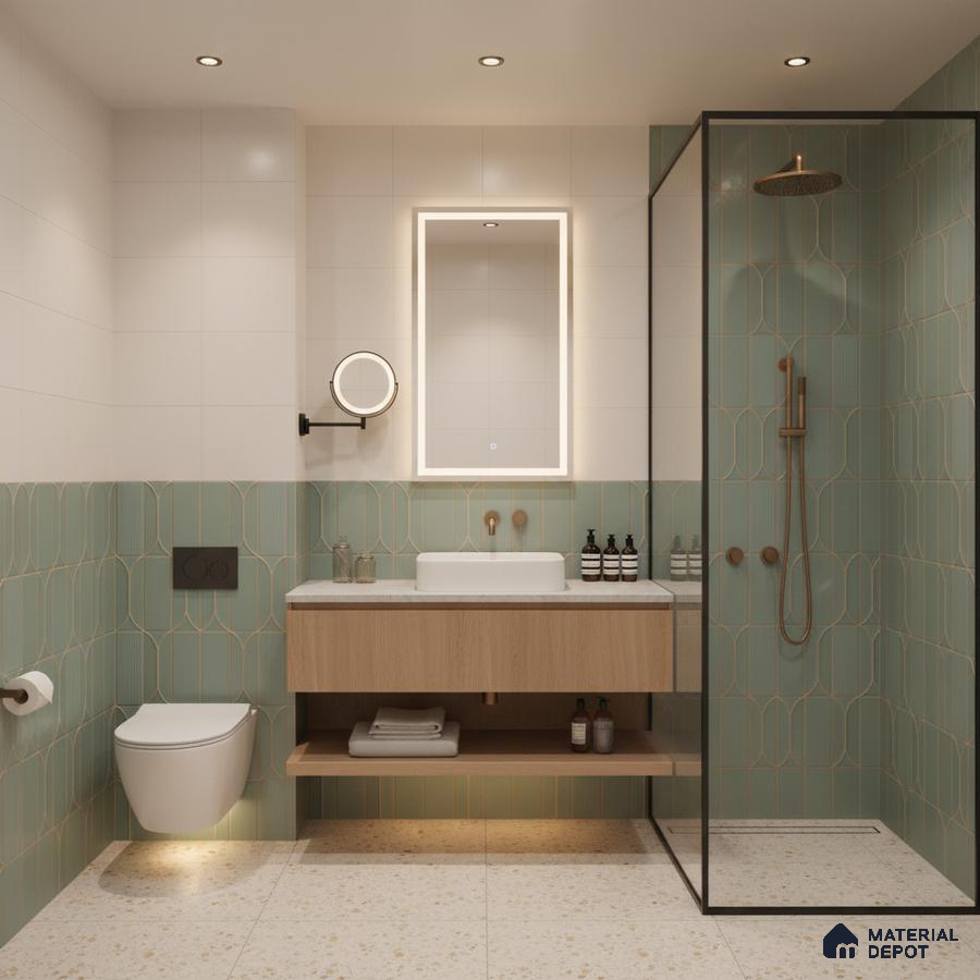 Modern bathroom with sage green geometric wall tiles, terrazzo floor tiles, and floating wood vanity | Material Depot
