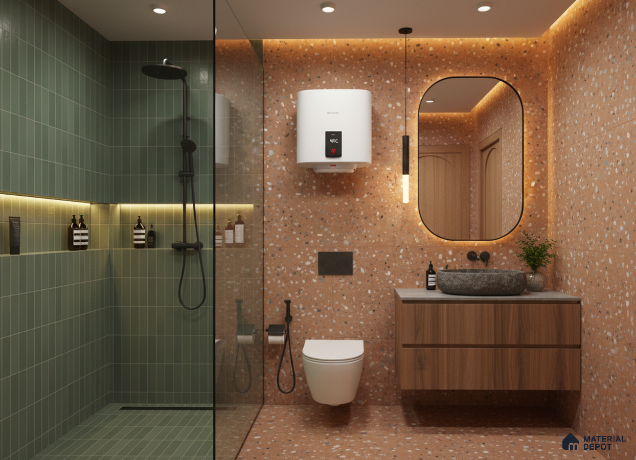 Modern bathroom design with sage green kitkat wall tiles and terracotta terrazzo floor and wall tiles in Bengaluru | Material Depot