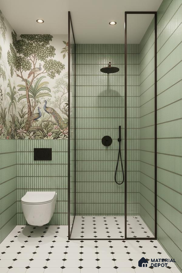 Modern bathroom with sage green kitkat wall tiles, nature wallpaper, and white geometric floor tiles | Material Depot