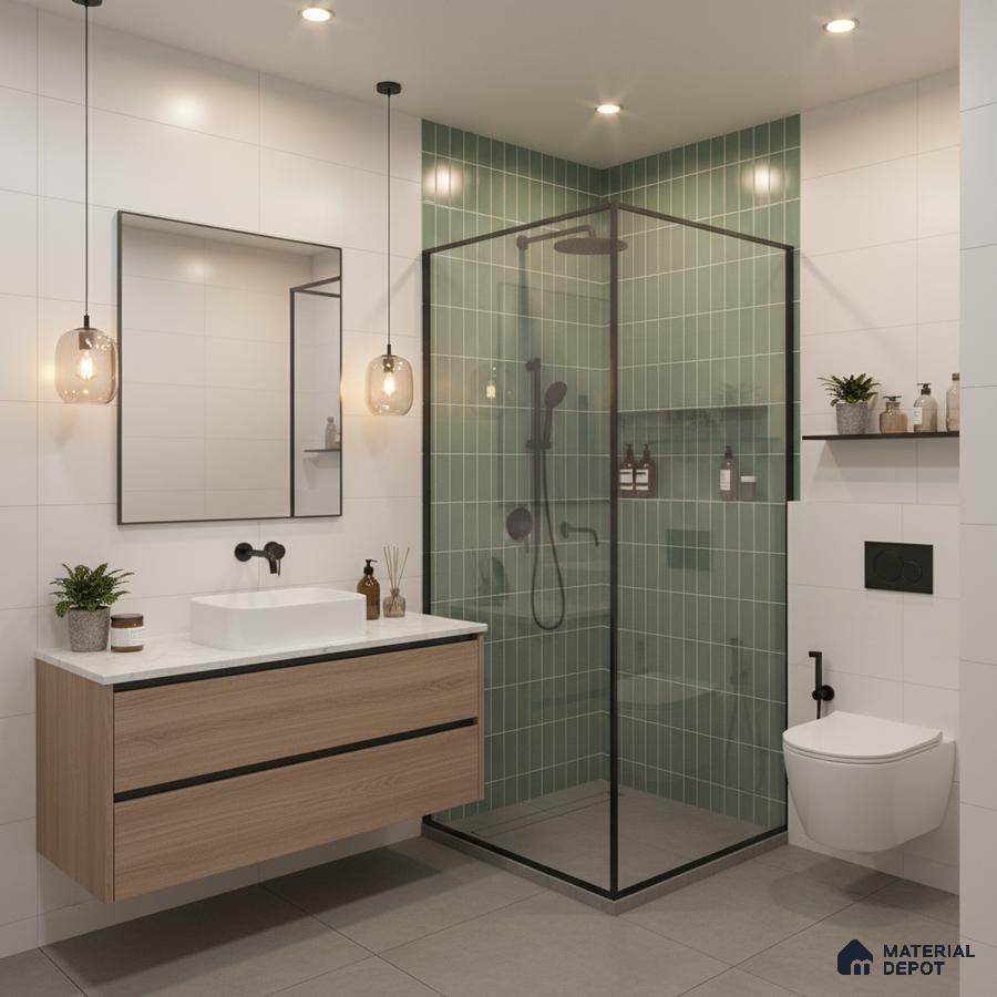 Modern bathroom with sage green kitkat wall tiles, white wall tiles, and wood laminate floating vanity | Material Depot