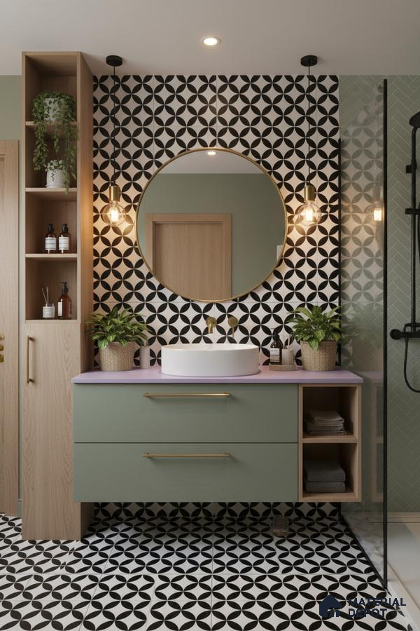 Modern bathroom with sage green laminate vanity, black-and-white geometric tiles, and light oak storage in Bengaluru | Material Depot
