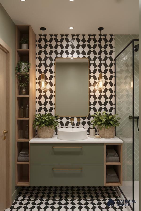Modern bathroom with sage green laminate vanity, geometric black-and-white wall and floor tiles in Bengaluru | Material Depot