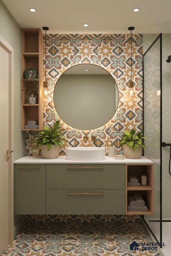 Modern bathroom with sage green laminate vanity, geometric patterned moroccan tiles, and white countertop in Bengaluru | Material Depot