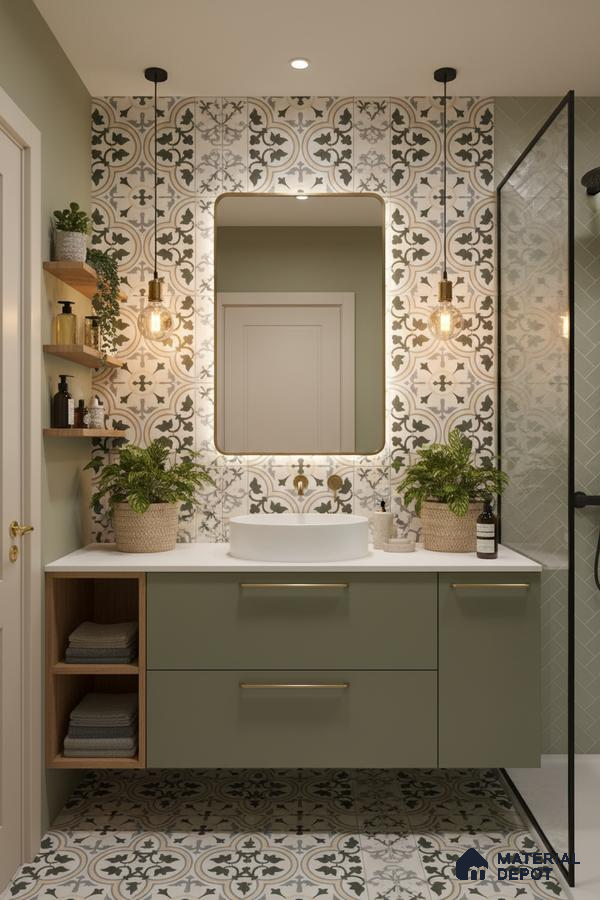 Modern bathroom with sage green laminate vanity, patterned moroccan tiles, and white countertop in Bengaluru | Material Depot