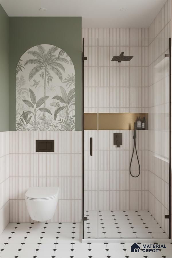 Modern bathroom with sage green paint, tropical arch tile accent, ribbed white wall tiles, and geometric black-and-white floor tiles | Material Depot
