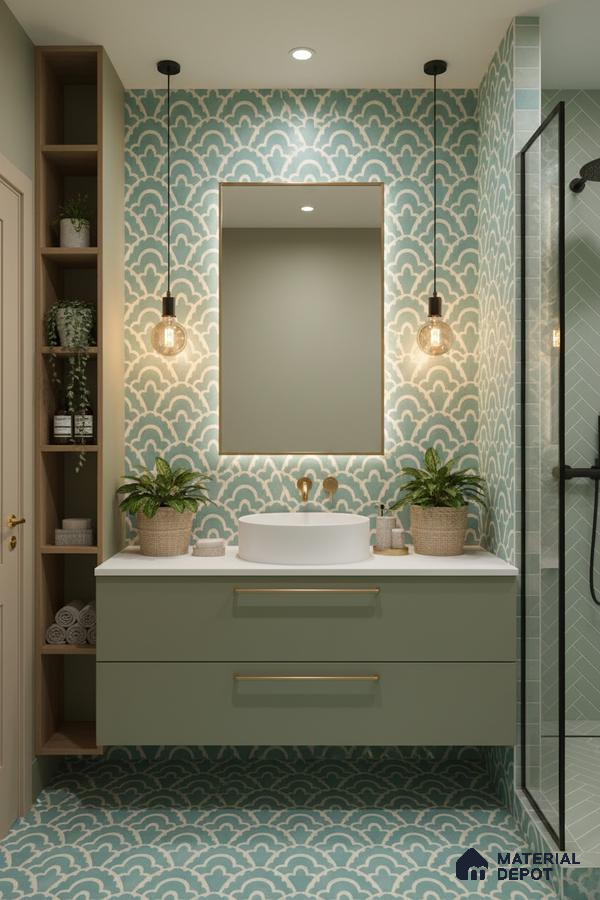 Modern bathroom with sage green patterned tiles, sage green vanity, and white countertop in Bengaluru | Material Depot