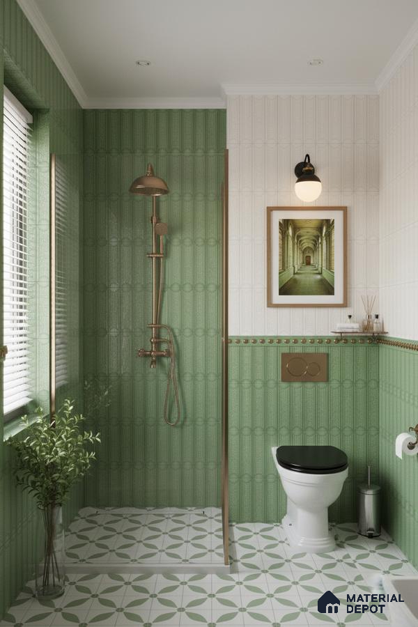 Modern bathroom with sage green patterned wall tiles and geometric green and white floor tiles | Material Depot