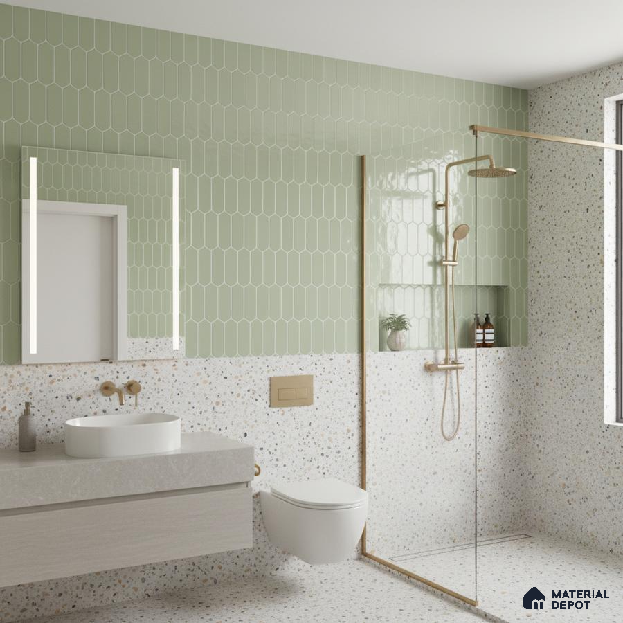 Modern bathroom with sage green picket wall tiles and terrazzo floor and wall tiles | Material Depot
