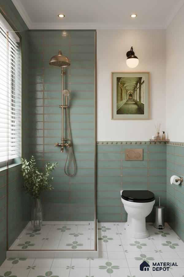Modern bathroom with sage green subway wall tiles and floral patterned floor tiles | Material Depot
