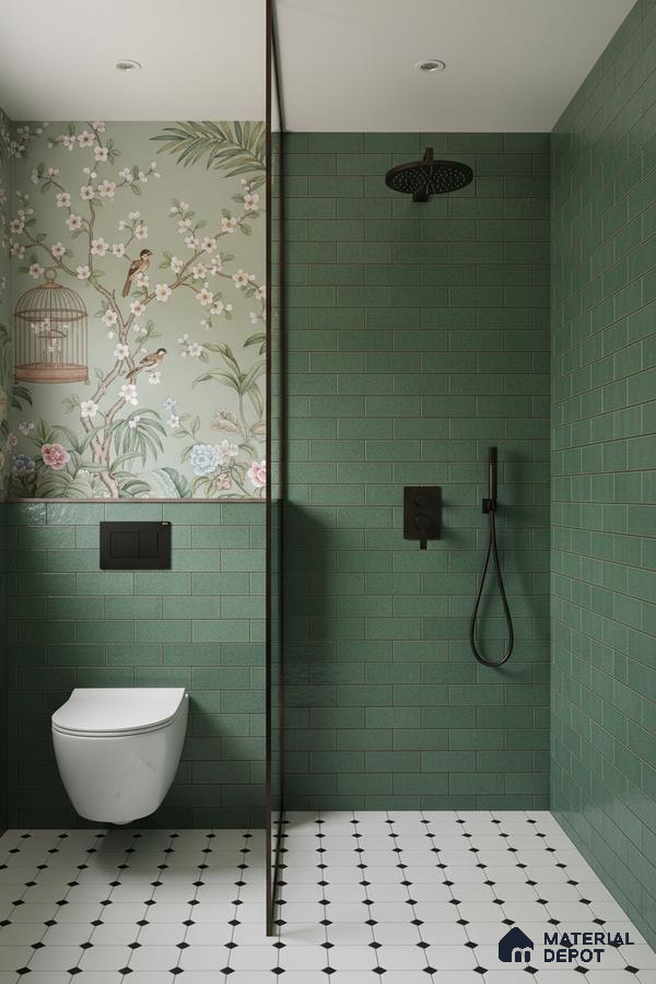 Modern bathroom with sage green kitkat wall tiles, chinoiserie floral wallpaper, and black-and-white geometric floor tiles | Material Depot