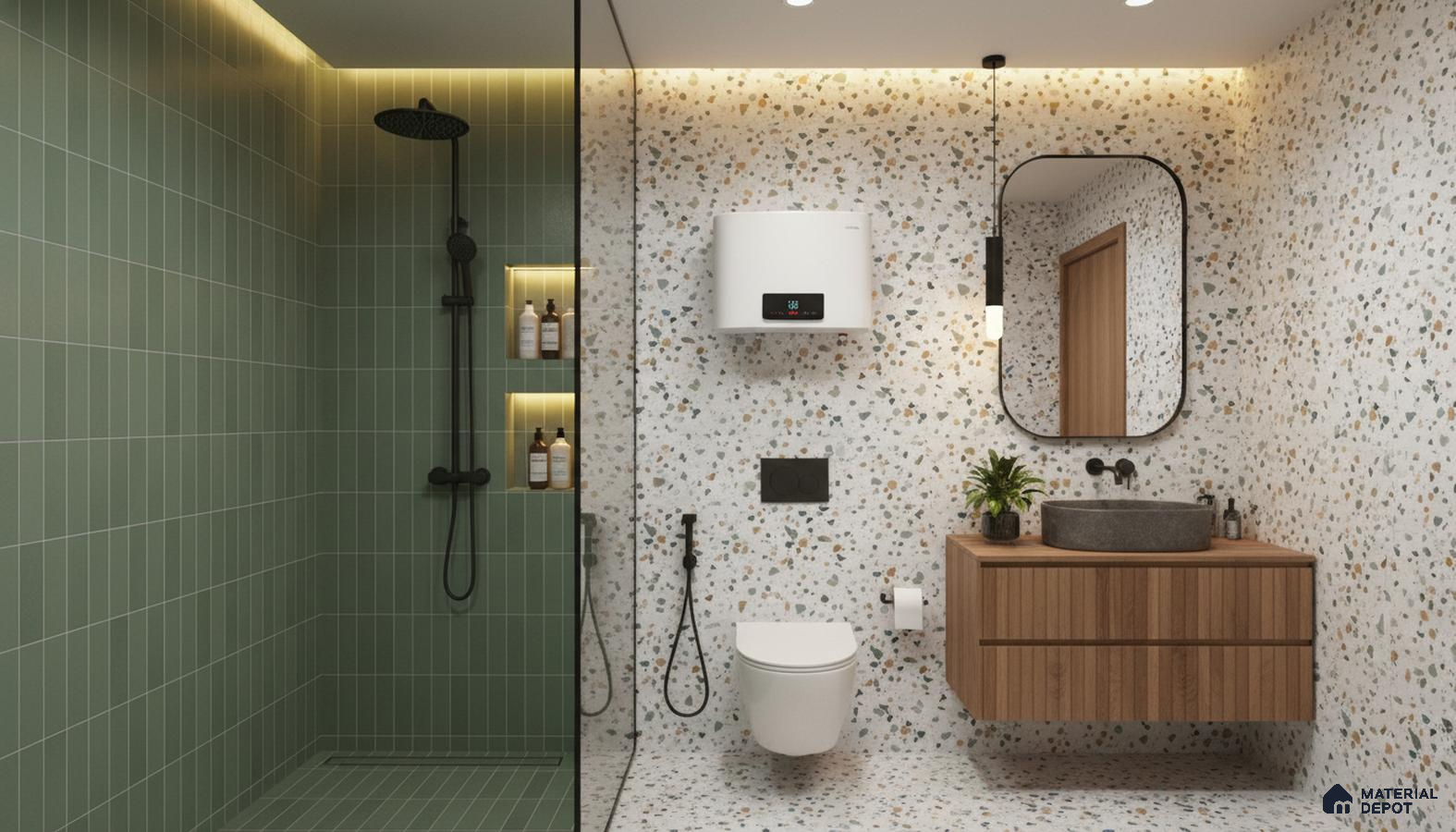 Modern bathroom design with sage green subway wall tiles, terrazzo wall and floor tiles, and wooden floating vanity in Bengaluru | Material Depot