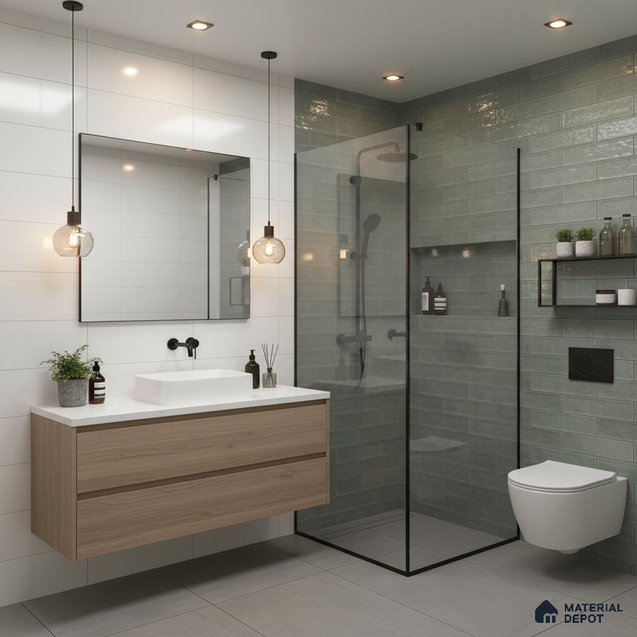 Modern bathroom with sage green subway wall tiles, white wall tiles, and light oak floating vanity | Material Depot