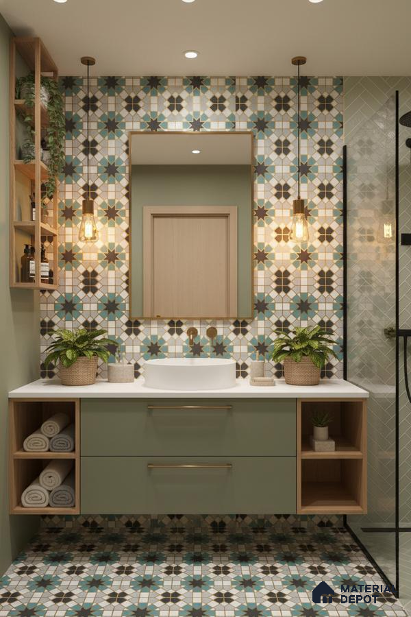 Modern bathroom with sage green vanity, geometric moroccan patterned tiles, and white countertop in Bengaluru | Material Depot