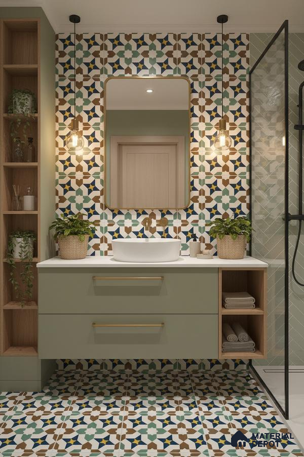 Modern bathroom with sage green vanity, geometric moroccan tiles, and white countertop in Bengaluru | Material Depot