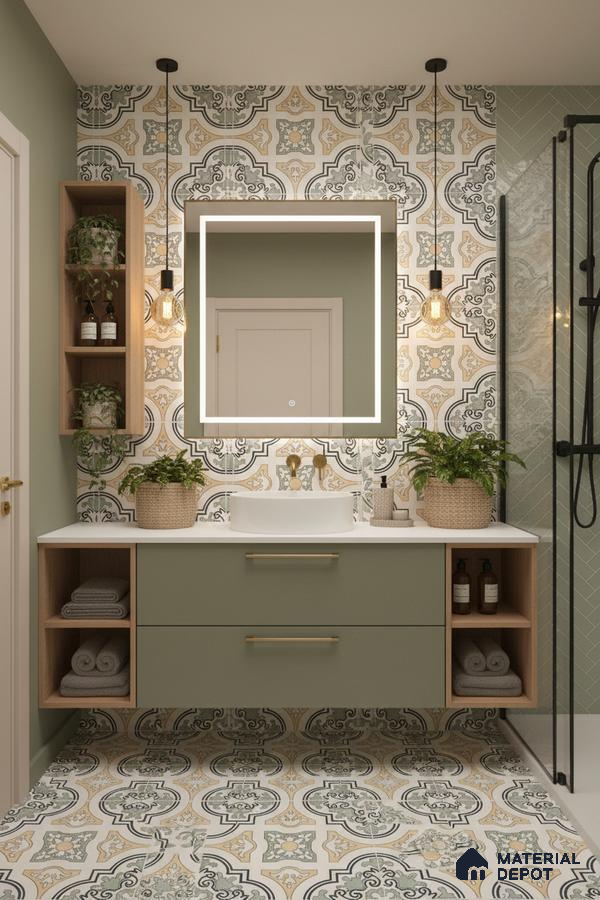 Modern bathroom with sage green vanity, patterned moroccan tiles, and white countertop in Bengaluru | Material Depot