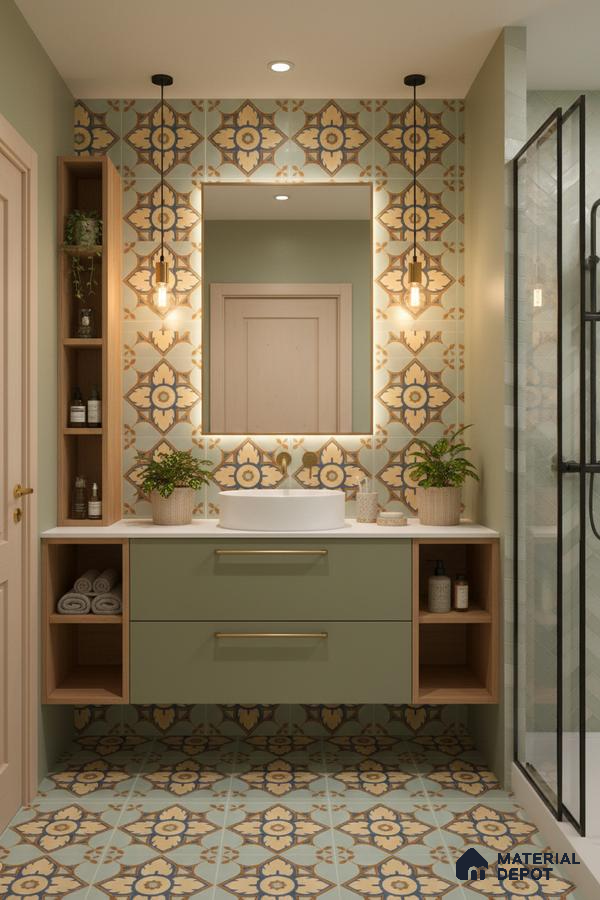 Modern bathroom with sage green vanity, patterned moroccan tiles, and white countertop in Bengaluru | Material Depot