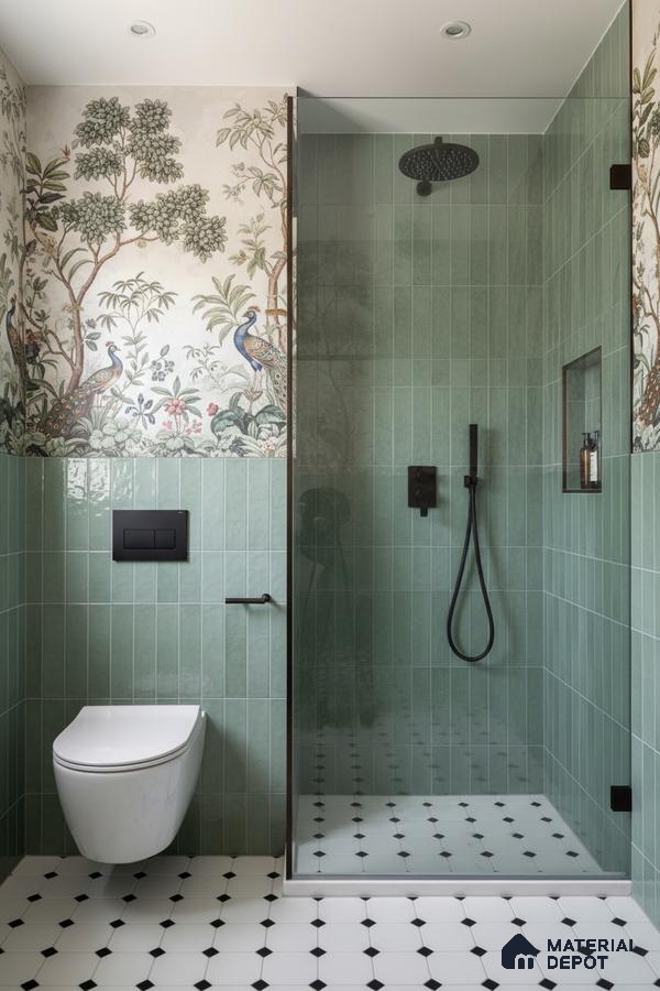 Modern bathroom with sage green vertical subway wall tiles, chinoiserie wallpaper, and black-and-white geometric floor tiles | Material Depot