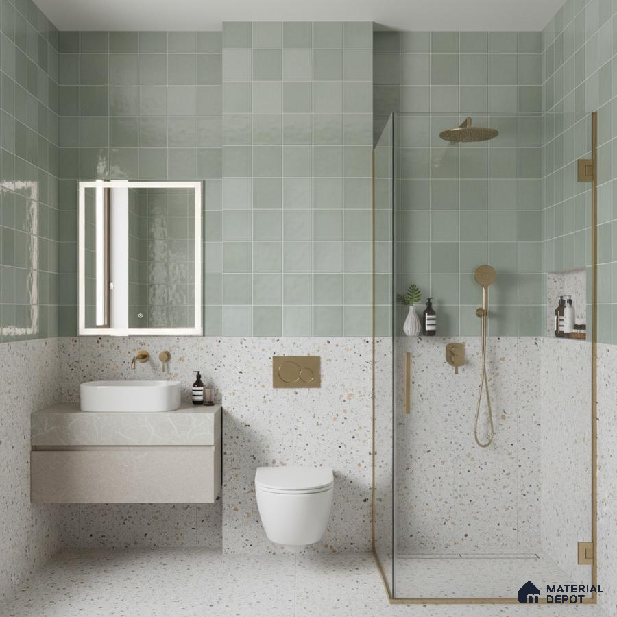 Modern bathroom with sage green wall tiles and terrazzo floor and wall tiles | Material Depot