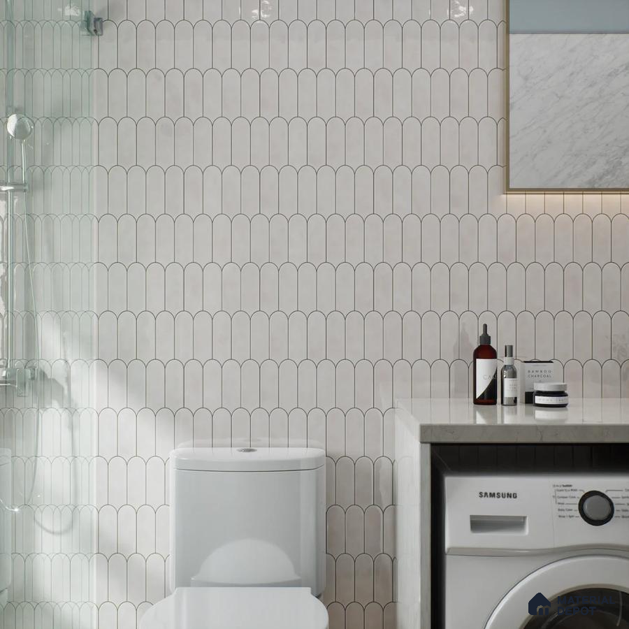 Modern Bathroom with Scalloped Tile and Laundry Area | Material Depot