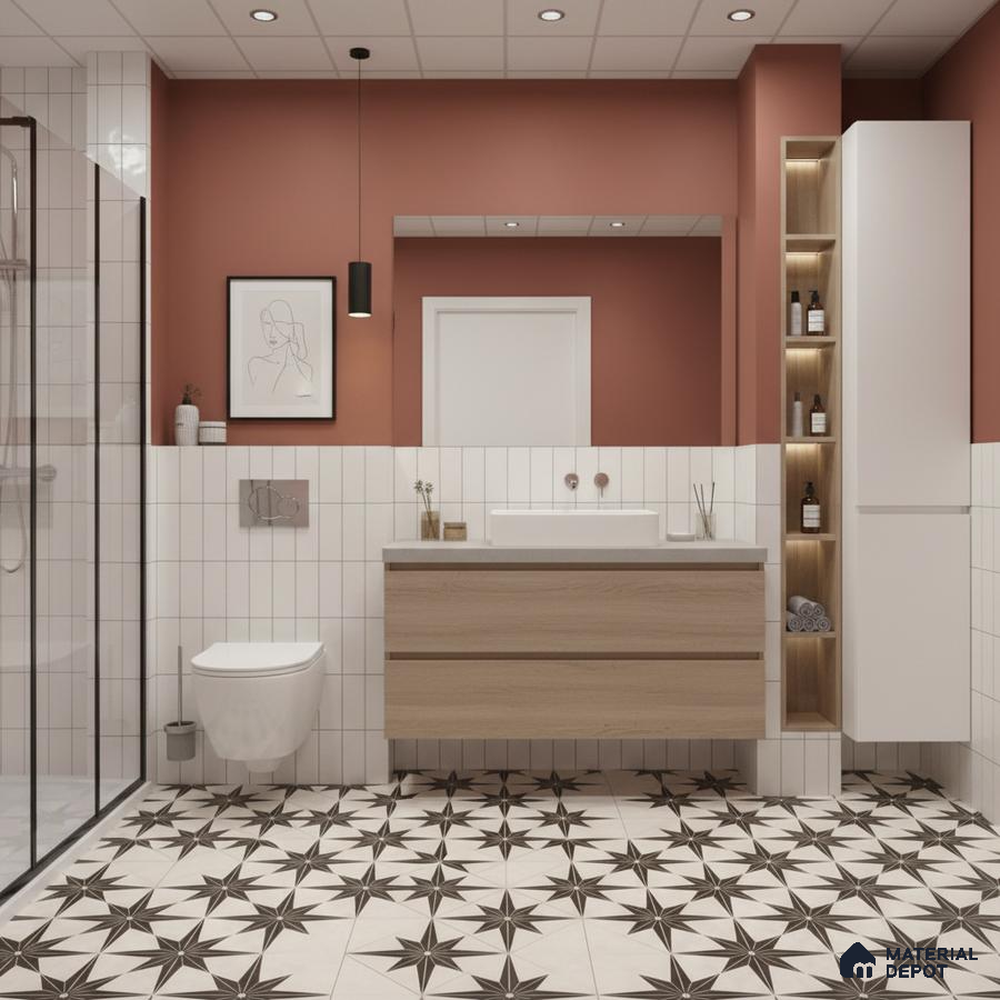 Modern bathroom with star-patterned black-and-white floor tiles, vertical white subway wall tiles, and light oak floating vanity | Material Depot