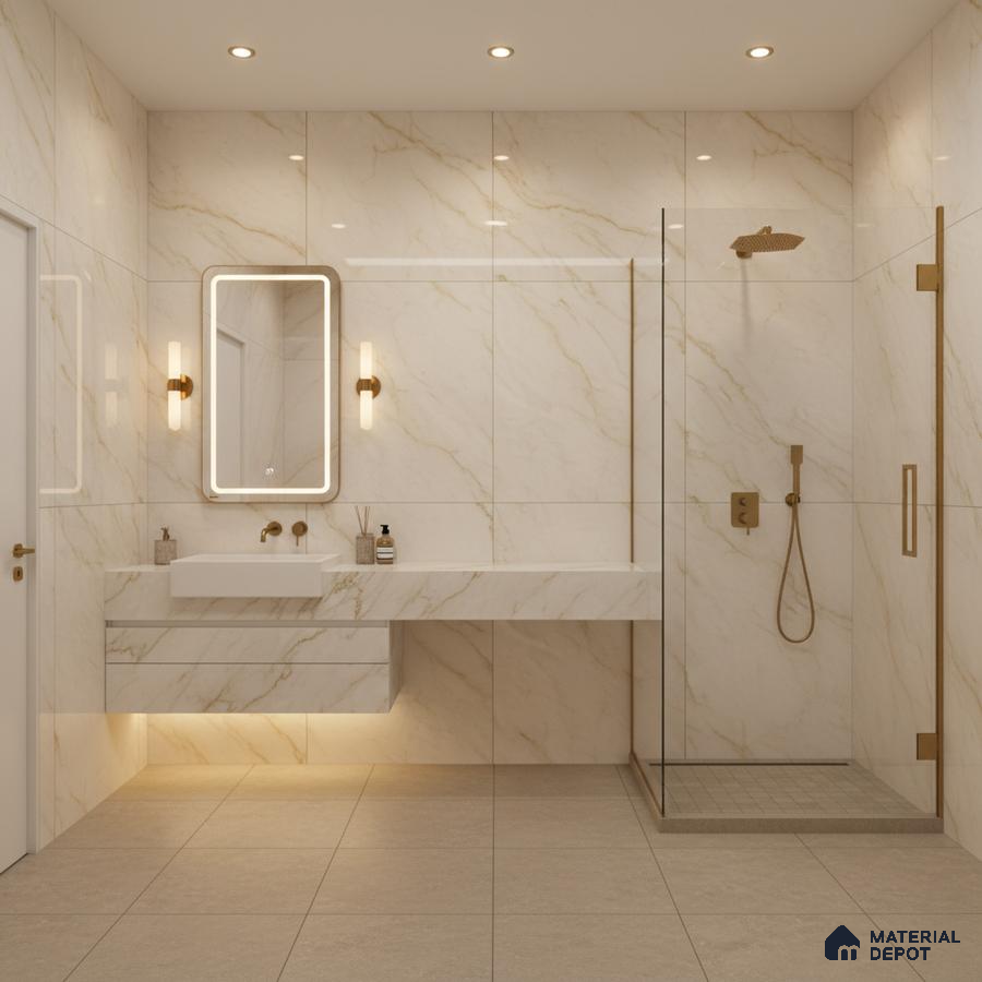 Modern bathroom with statuario marble-look wall tiles and beige matte floor tiles | Material Depot