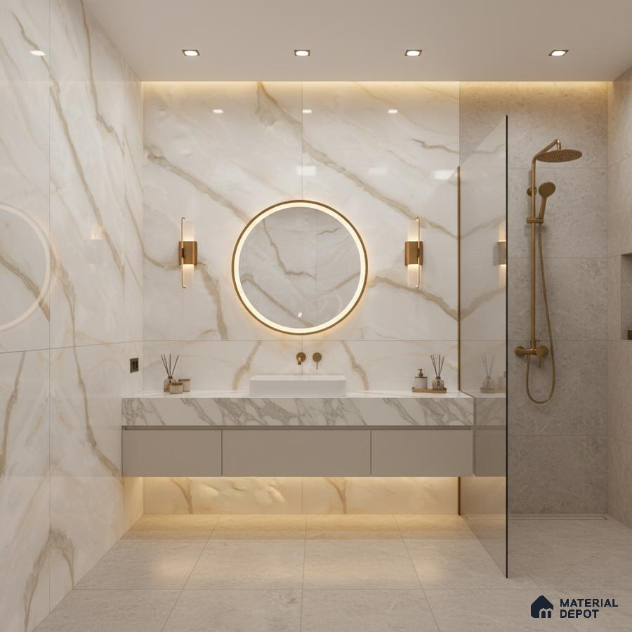 Modern bathroom with statuario marble-look wall tiles and beige stone floor tiles | Material Depot