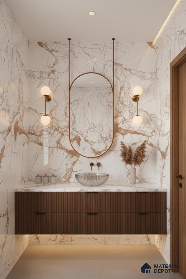 Modern bathroom with statuario marble-look wall tiles and fluted walnut brown vanity | Material Depot