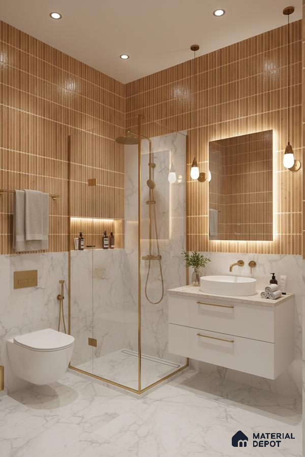 Modern bathroom with tan kitkat wall tiles and white marble-look floor and wall tiles | Material Depot