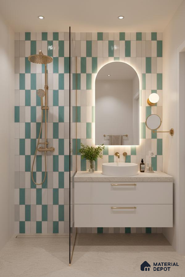 Modern bathroom with teal and white vertical subway wall tiles and stone countertop vanity | Material Depot
