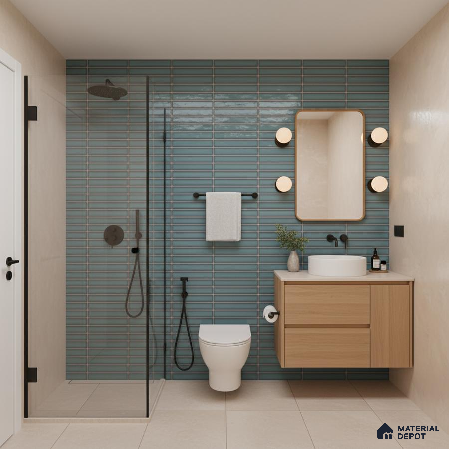 Modern bathroom with teal blue subway wall tiles, light wood floating vanity, and beige floor tiles | Material Depot