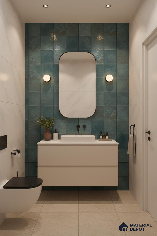 Modern bathroom with teal ceramic wall tiles and white marble-look wall tiles | Material Depot