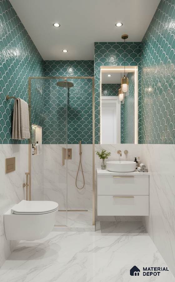 Modern bathroom with teal fish scale wall tiles and white marble-look floor and wall tiles | Material Depot