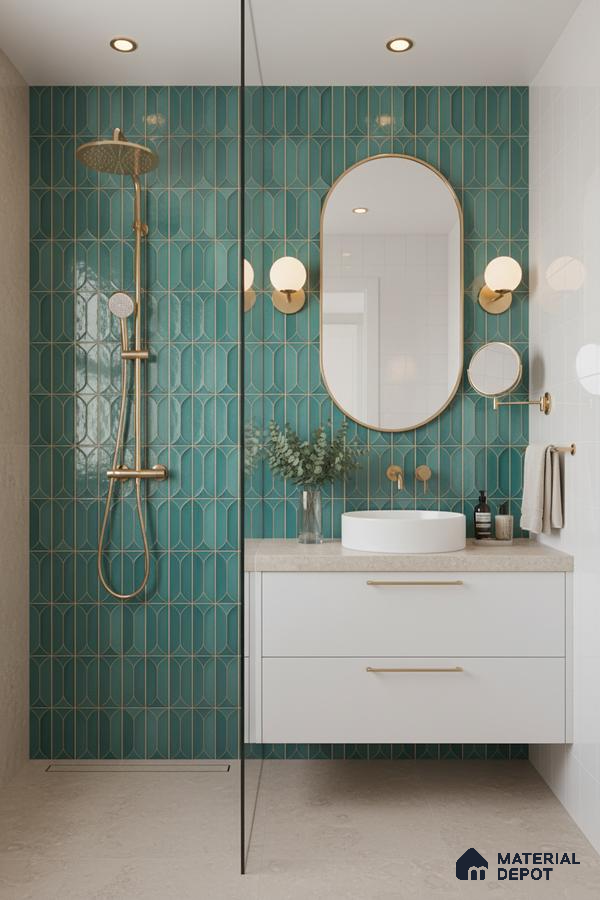 Modern bathroom with teal geometric wall tiles, beige stone countertop, and white floating vanity | Material Depot