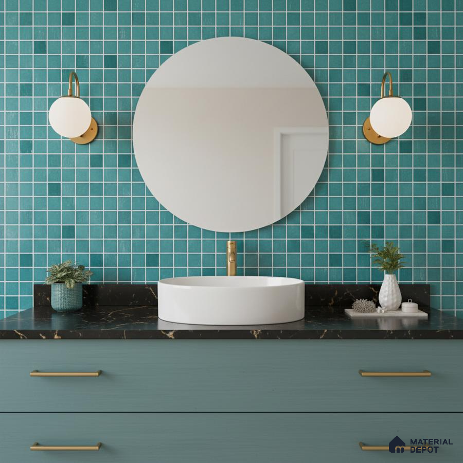 Modern bathroom with teal grid wall tiles, black marble countertop, and blue laminate vanity