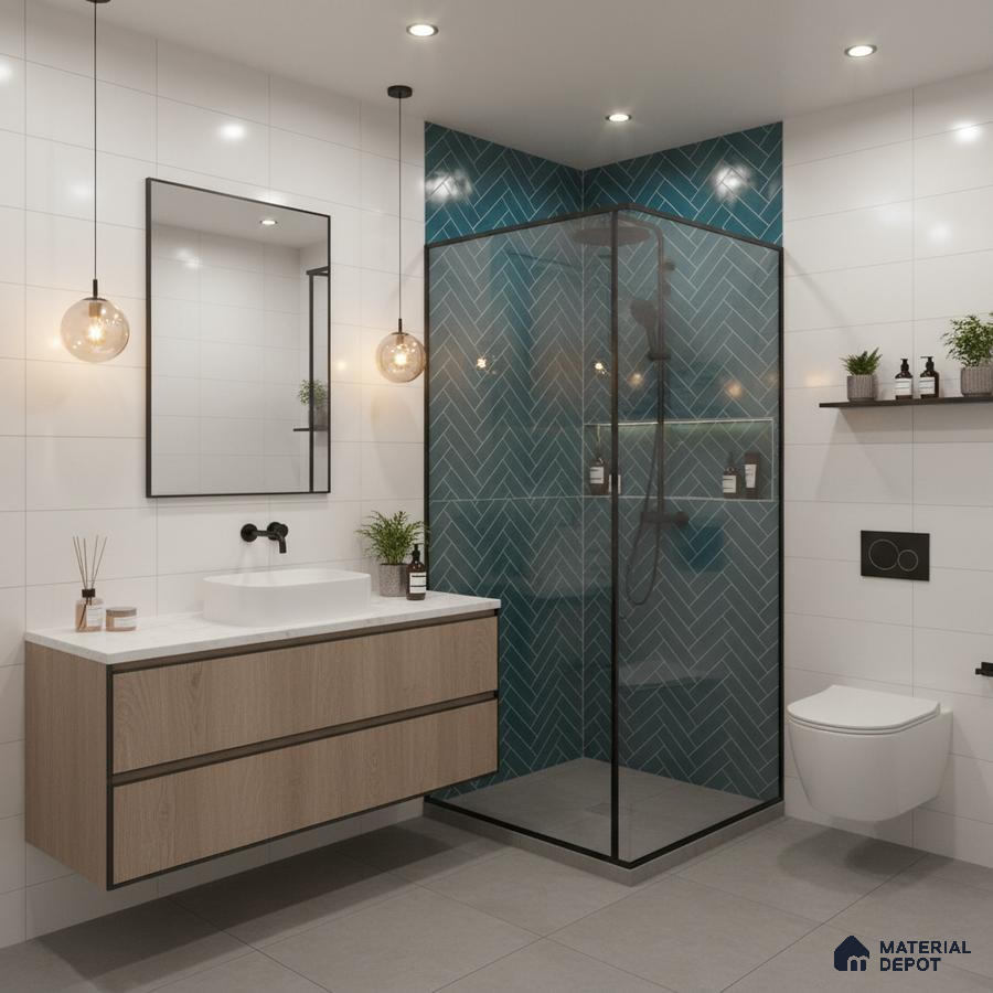 Modern bathroom with teal herringbone subway wall tiles, white wall tiles, and light oak floating vanity | Material Depot